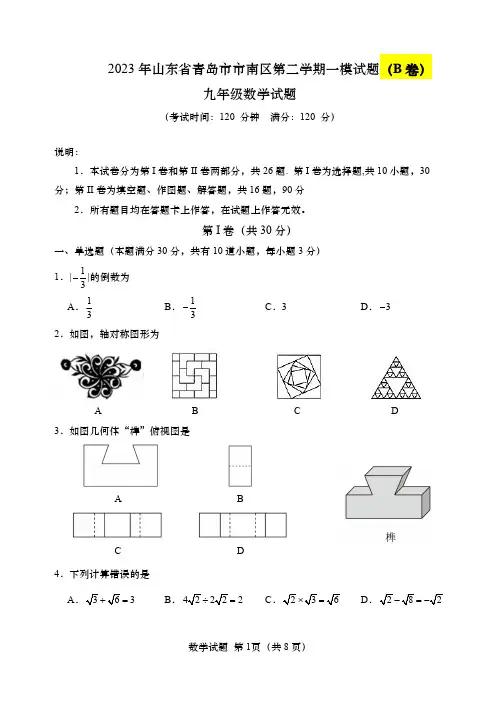 2023年山东省青岛市市南区 九年级数学一模试题(B卷)  - 副本