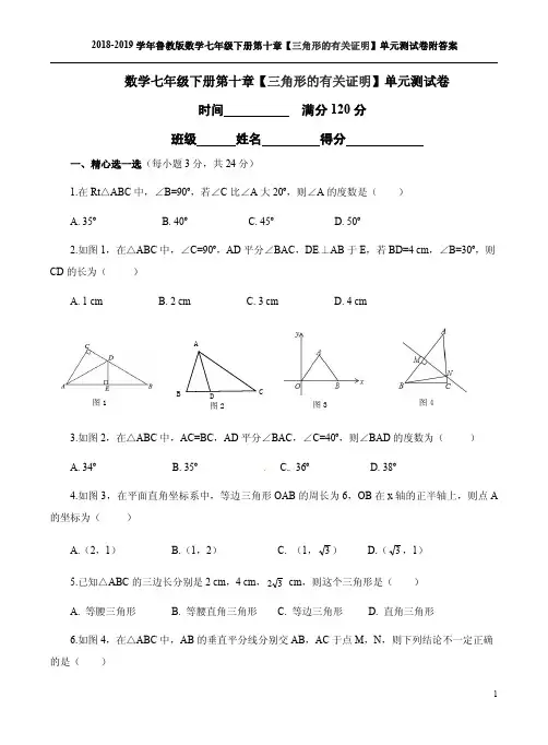 2018-2019学年鲁教版数学七年级下册第十章【三角形的有关证明】单元测试卷附答案