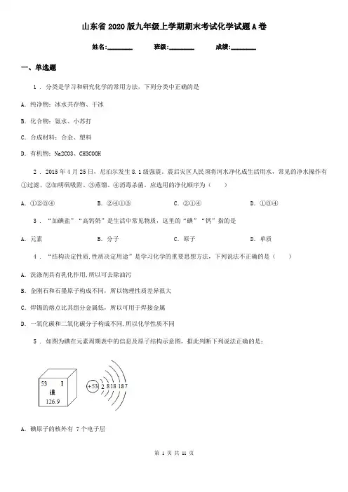 山东省2020版九年级上学期期末考试化学试题A卷