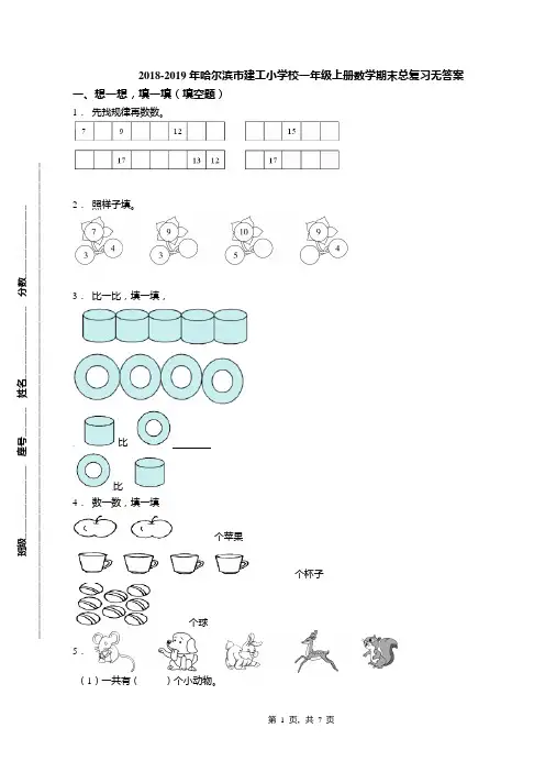 2018-2019年哈尔滨市建工小学校一年级上册数学期末总复习无答案