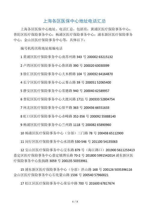 上海各区医保中心地址电话汇总