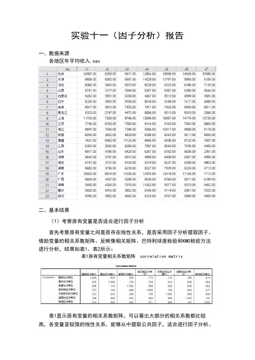 SPSS因子分析实验报告
