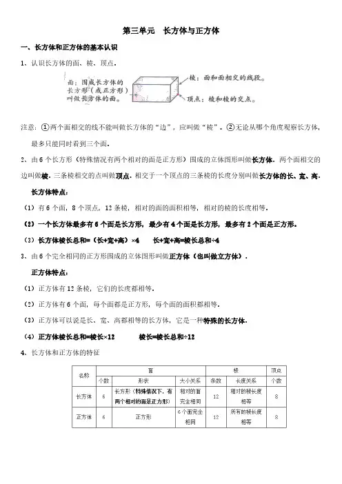 (完整word版)人教版五年级数学下册第三单元  长方体与正方体知识点