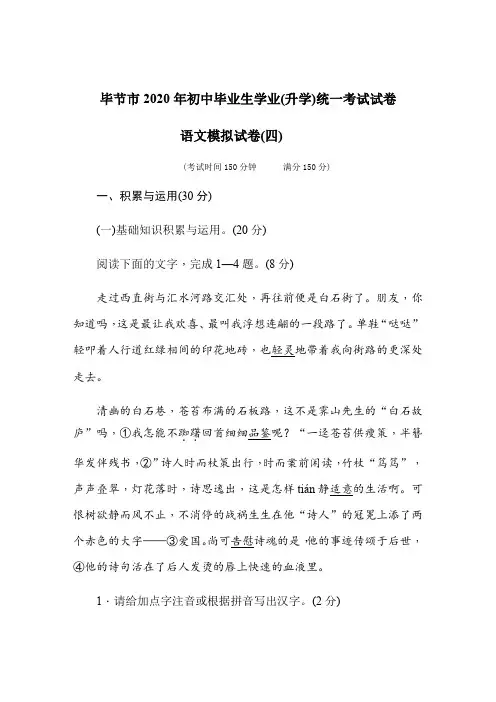 贵州省毕节市2020年初中毕业生学业(升学)统一考试试卷  语文模拟试卷(含答案)