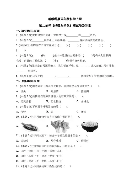 新教科版五年级科学上册第二单元《呼吸与消化》测试卷及答案