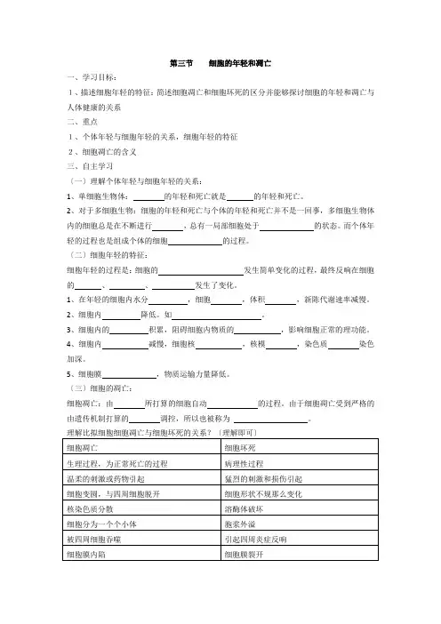 人教版高中生物必修一学案63细胞的衰老和凋亡