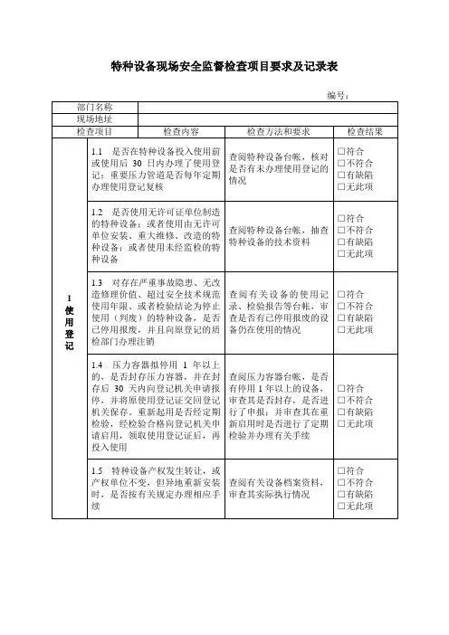 特种设备现场安全监督检查项目要求及记录表