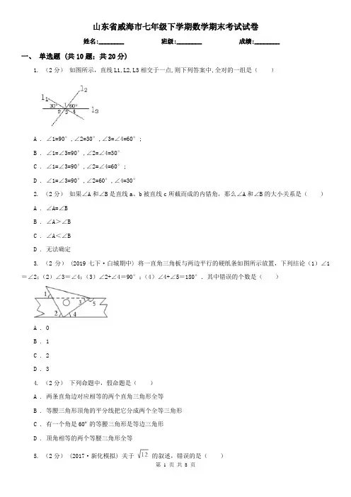 山东省威海市七年级下学期数学期末考试试卷