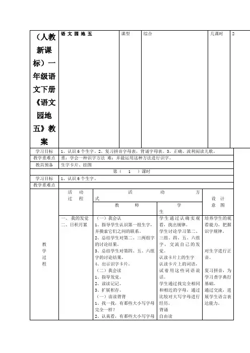 (人教新课标)一年级语文下册《语文园地五》教案