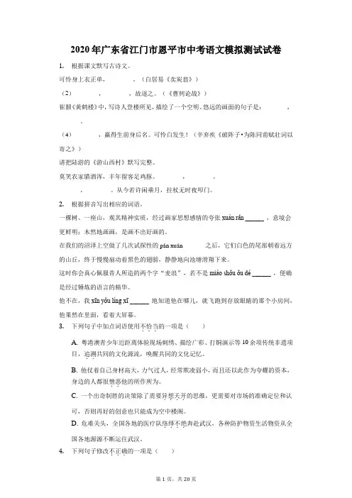 2020年广东省江门市恩平市中考语文模拟测试试卷(附答案详解)