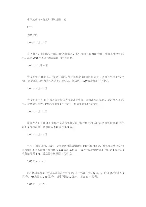 中国成品油价格近年历次调整一览