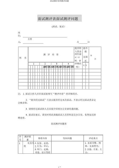 面试测评表和测评问题