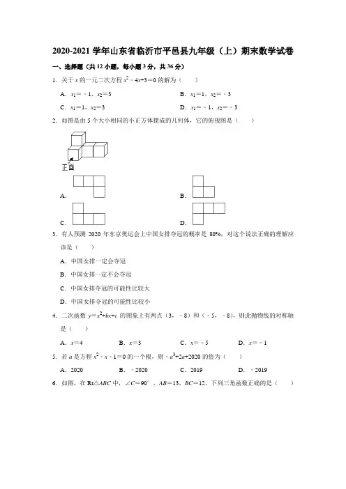 2020-2021学年山东省临沂市平邑县九年级(上)学期期末考试数学试卷(含答案)