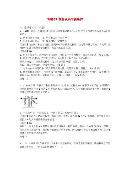 2019中考物理试题分类汇编 专题13 杠杆及其平衡条件(含解析)