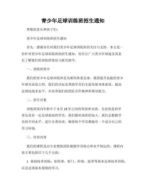 青少年足球训练班招生通知