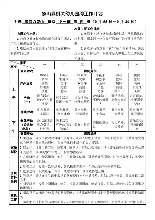 中班上第四周周计划