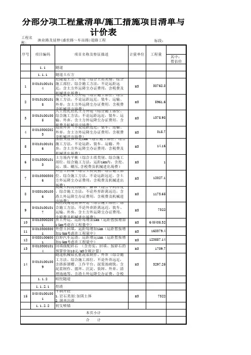 分部分项工程量清单、施工措施项目清单与计价表