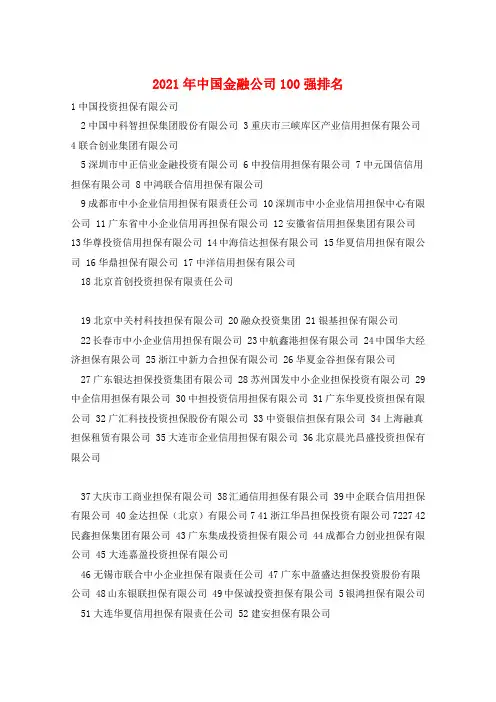 2021年中国金融公司100强排名 