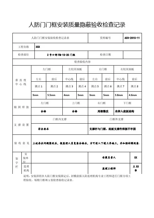 人防门门框安装质量隐蔽验收检查记录