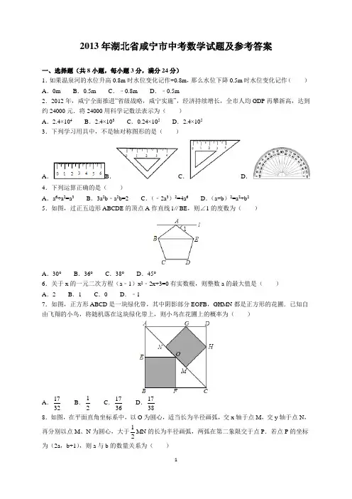 2013年湖北省咸宁市中考数学试题及参考答案(word解析版)