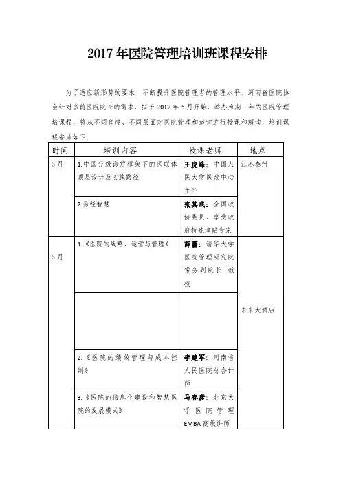 2017年医院管理培训班课程安排