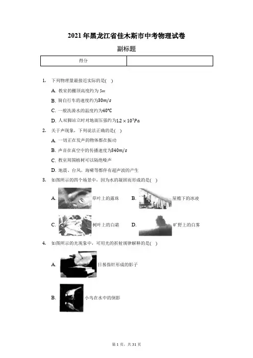 2021年黑龙江省佳木斯市中考物理试卷(附答案)