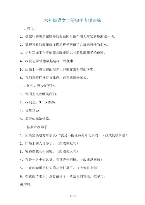 人教版六年级语文上册句子专项练习(附答案)