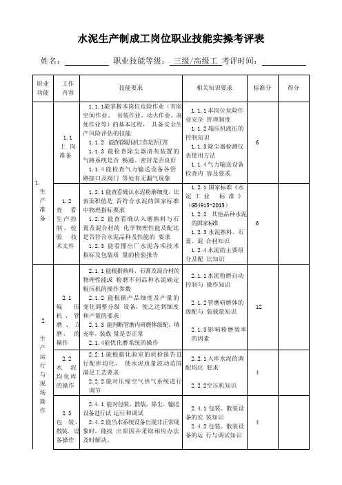水泥生产制成工岗位职业技能实操考评表(三级)