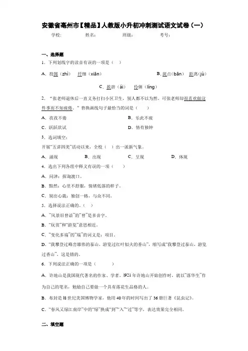 小学安徽省亳州市人教版小升初冲刺测试语文试卷(一)(含答案解析)
