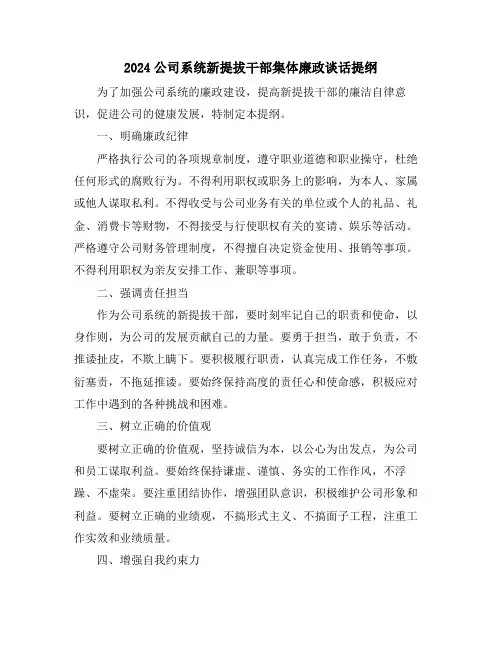 2024公司系统新提拔干部集体廉政谈话提纲