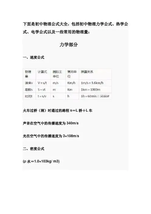 初中物理公式大全及物理知识点总结(超全)