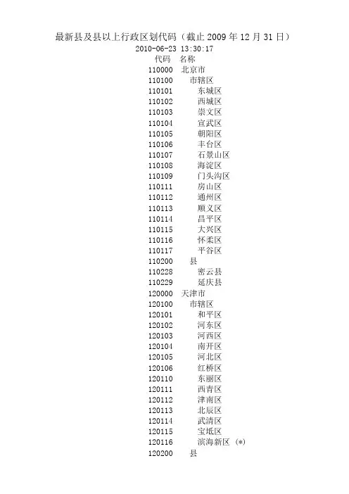最新县及县以上行政区划代码(截止2009年12月31日)