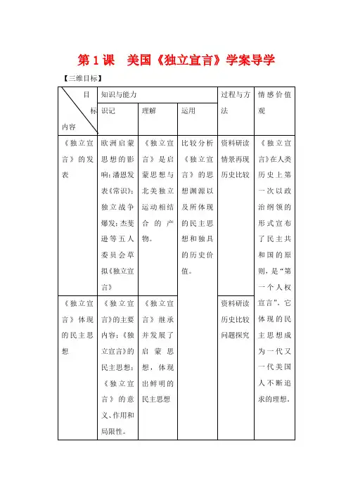 高中历史美国《独立宣言》导学案 新人教版选修2
