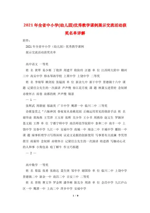 2021年全省中小学(幼儿园)优秀教学课例展示交流活动获奖名单详解