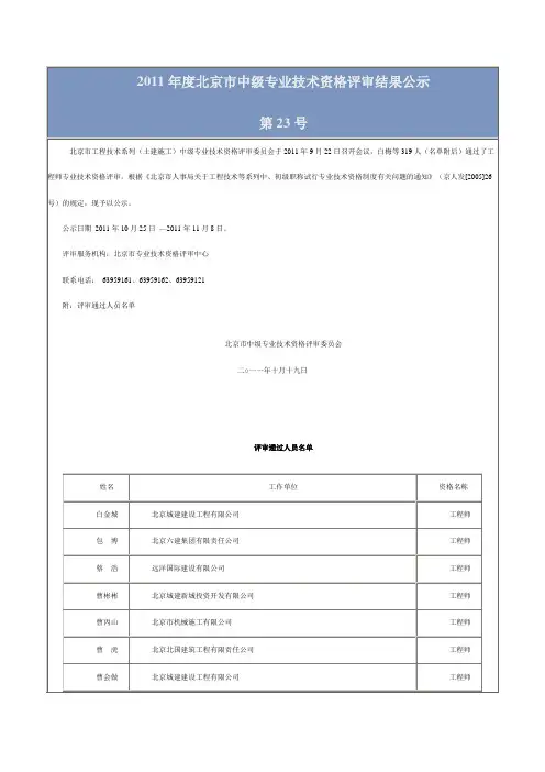 2011年度北京市中级专业技术资格评审结果
