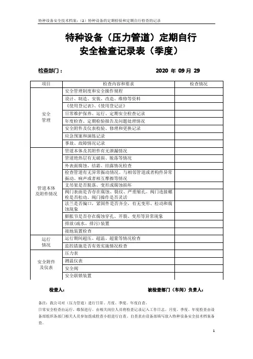 特种设备(压力管道)定期自行检查记录表