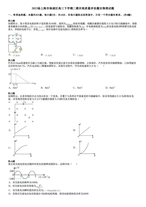 2023届上海市杨浦区高三下学期二模在线质量评估题目物理试题