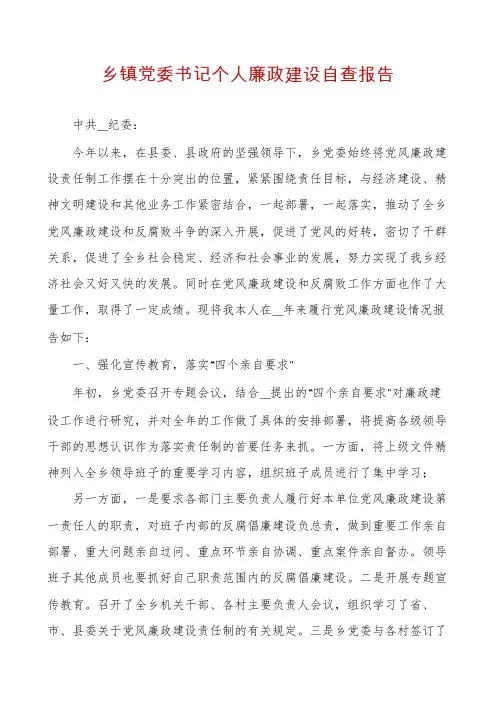 乡镇党委书记个人廉政建设自查报告