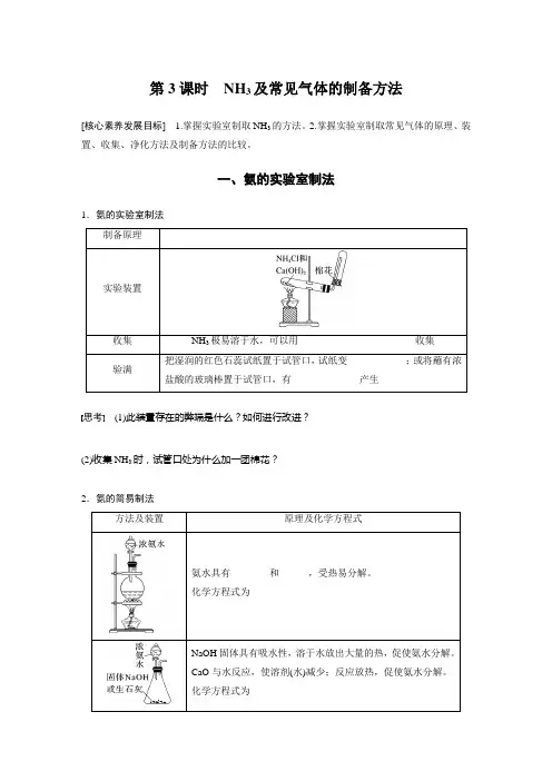 高中化学必修二 学习笔记  第5章 第2节 第3课时 NH3及常见气体的制备方法