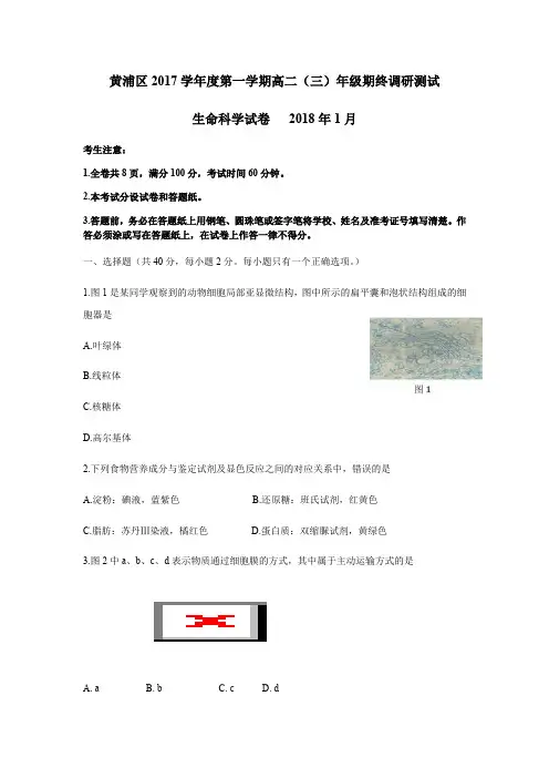 学年上海市黄浦区生命科学一模试卷及答案