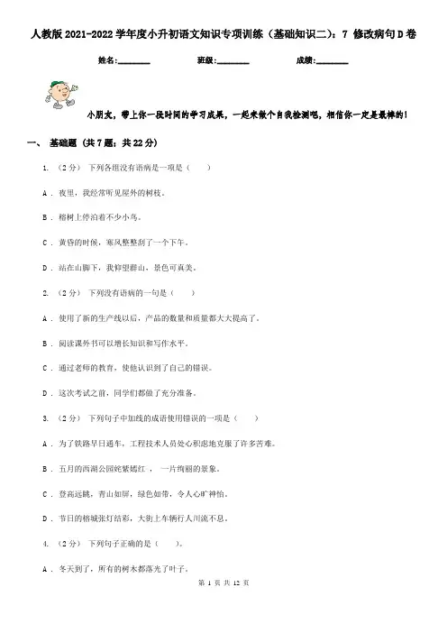 人教版2021-2022学年度小升初语文知识专项训练(基础知识二)：7 修改病句D卷
