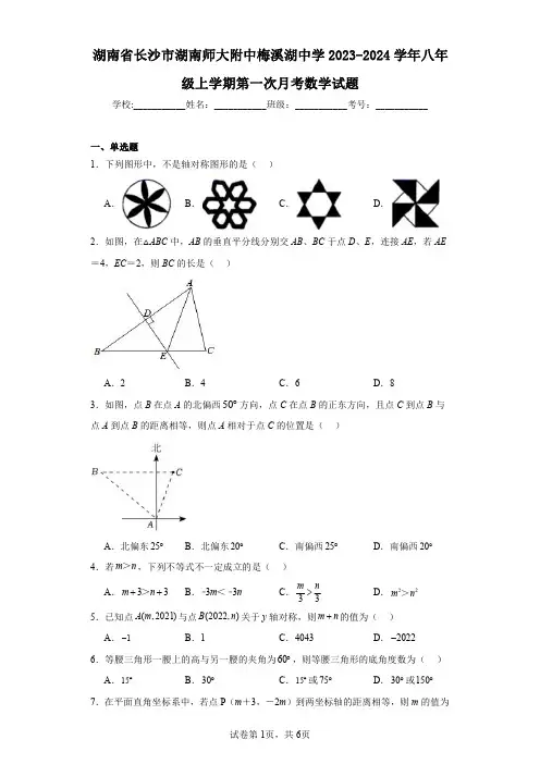 湖南省长沙市湖南师大附中梅溪湖中学2023-2024学年八年级上学期第一次月考数学试题