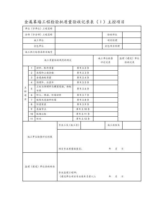 金属幕墙工程检验批质量验收记录表(Ⅰ)主控项目