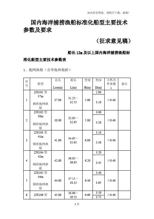 国内海洋捕捞渔船标准化船型主要技术参数及要求