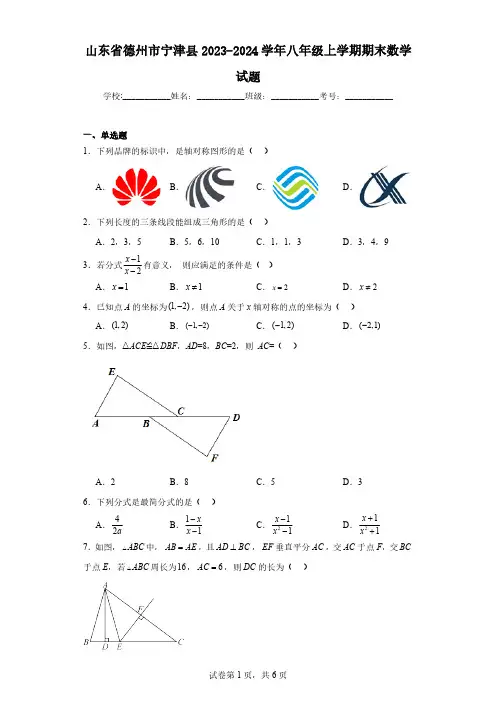 山东省德州市宁津县2023-2024学年八年级上学期期末数学试题(含解析)