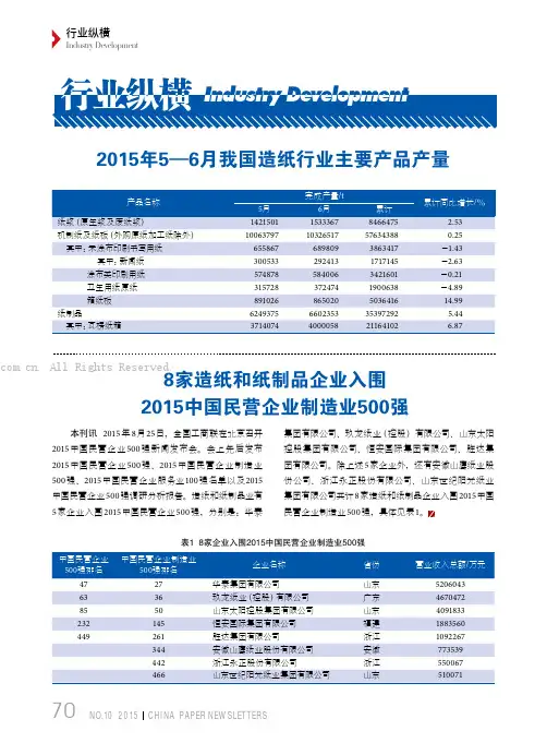 2015年5—6月我国造纸行业主要产品产量