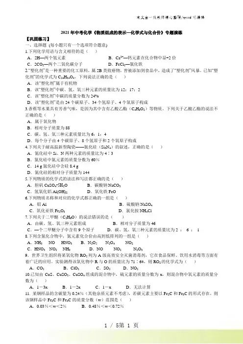 2021年中考化学《物质组成的表示—化学式与化合价》专题演练(含解析)