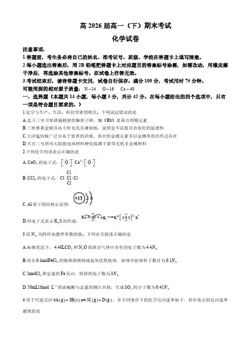 重庆市巴蜀中学校高2026届2024年高一下学期7月期末考试+化学 解析版