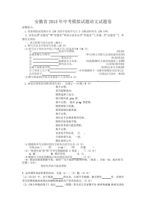 2015年中考模拟试题语文试题卷(附答案)