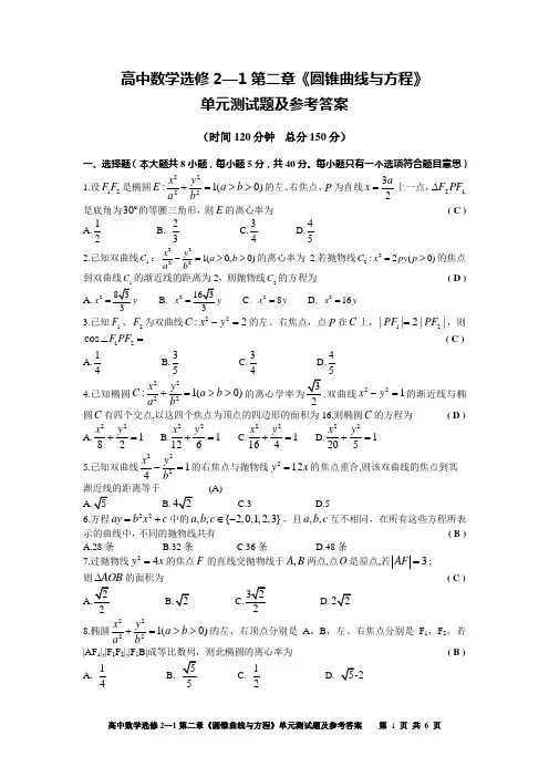 圆锥曲线与方程测试题及参考答案